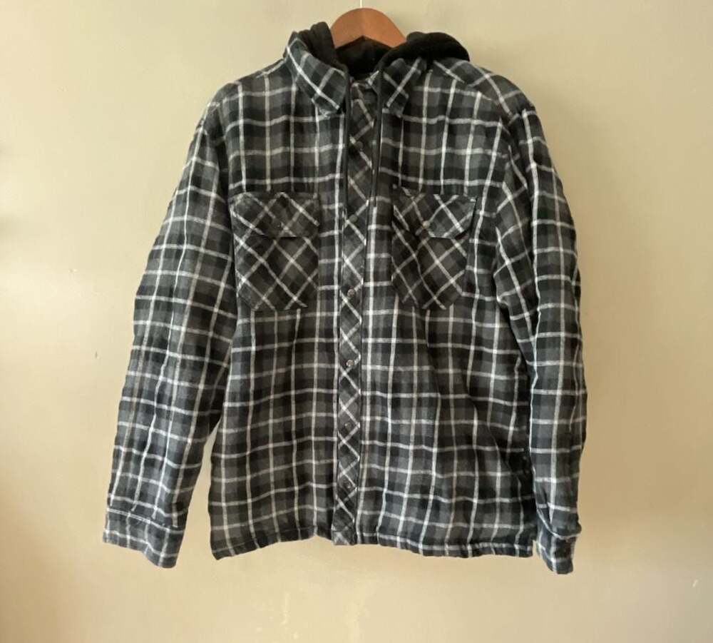 Boston Traders Men's Quilted Hooded Flannel Shirt Jacket Black Gray Plaid XL